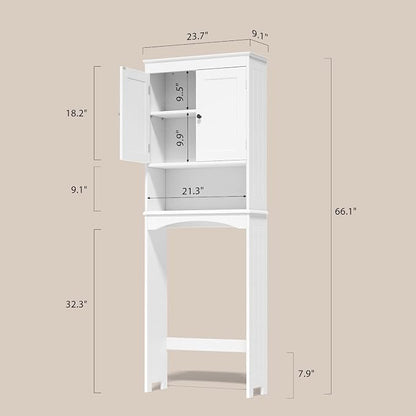 Gizoon Over the Toilet Storage Cabinet with Adjustable Shelf, White | Bathroom Space Saver Organizer Above Toilet with Open Shelf and Double Doors, Taller Wooden Free Standing Toilet Rack