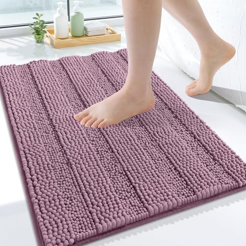 Grandaily Chenille Striped Bathroom Rugs 24x16, Extra Thick and Soft Absorbent Bath Mats, Rubber Backing, Plush Shaggy Shower Carpet, Machine Wash Dry, Bath Rug for Bathroom, Deep Plum