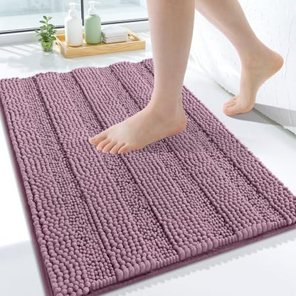 Grandaily Chenille Striped Bathroom Rugs 24x16, Extra Thick and Soft Absorbent Bath Mats, Rubber Backing, Plush Shaggy Shower Carpet, Machine Wash Dry, Bath Rug for Bathroom, Deep Plum