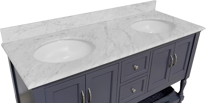 Beverly 60-inch Double Bathroom Vanity (Marine Gray/Carrara): Includes Marine Gray Cabinet with Authentic Italian Carrara Marble Countertop and White Ceramic Sinks
