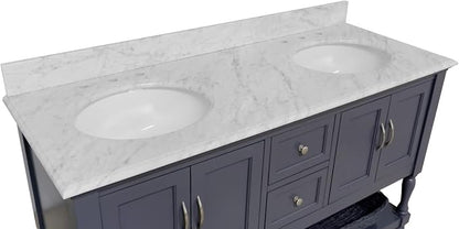 Beverly 60-inch Double Bathroom Vanity (Marine Gray/Carrara): Includes Marine Gray Cabinet with Authentic Italian Carrara Marble Countertop and White Ceramic Sinks