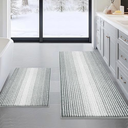BSICPRO Bathroom Rugs Sets 2 Piece, Non Slip Striped Bath Mats, Light Gray