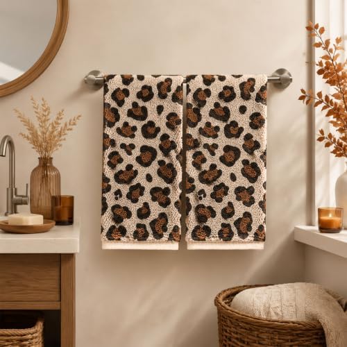 Whaline 2 Pcs Leopard Print Hand Towels Jacquard Cotton Bathroom Towel Brown Safari Animal Decorative Absorbent Bath Towel for Kitchen Dish Drying Cleaning Cooking, 13.8 x 29.5 Inch
