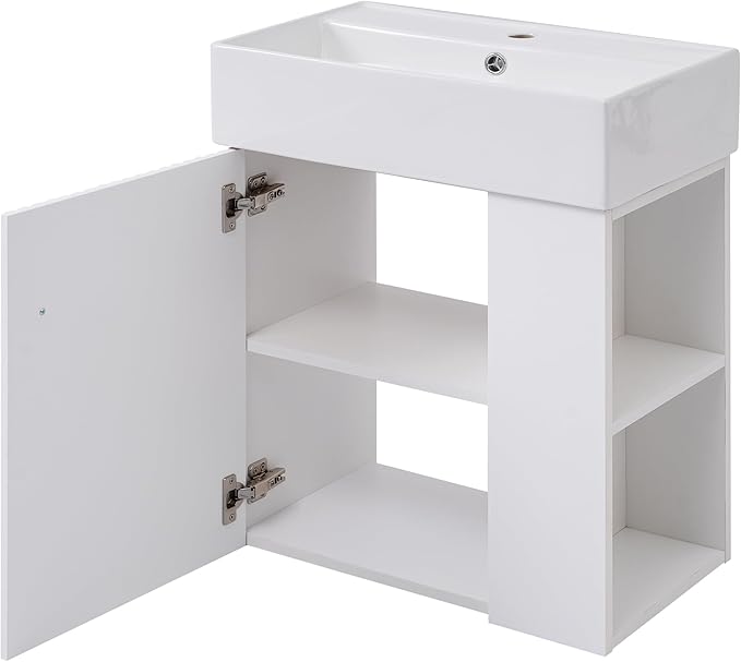 Merax 20" Wall-Mount Bathroom Vanity with Ceramic Sink, 20 Inch Floating Sink Vanity for Small Space,Modern Bathroom Vanity Cabinet Set w/Doors & Open Shelf, Solid Wood Frame