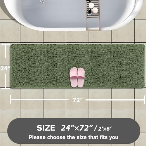 Bathroom Runner Rug 24 x 72 Non Slip – Extra Long Bath Mat | Absorbent and Washable Thick Chenille Runner Rug for Bathroom, Shower, Tub, Sink(Loden Green)