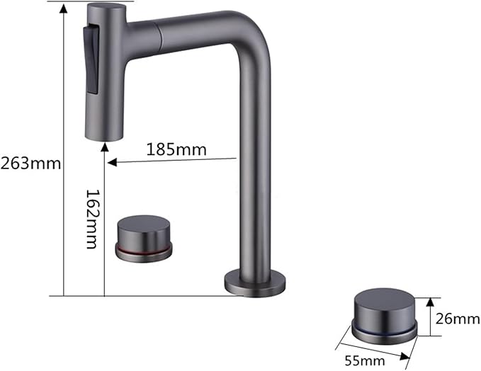 BiaoTeng Bathroom Faucets for Sink 3 Hole Pull Out 2 Functions with 360° Swivel Hot and Cold Brass 2 Handle Faucet for Bathroom Sink Pull Down Grey