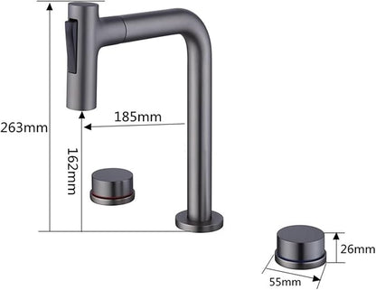BiaoTeng Bathroom Faucets for Sink 3 Hole Pull Out 2 Functions with 360° Swivel Hot and Cold Brass 2 Handle Faucet for Bathroom Sink Pull Down Grey