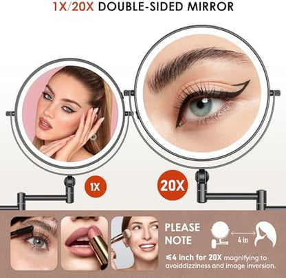 ZLOKLA 9" Wall Mounted Lighted Makeup Mirror,4000mAh Rechargeable Double Sided 1X/20X Magnifying Mirror with Light,Touch Dimmable,Extended Arm 360 Rotation Wall Mounted Makeup Mirror 3 Color Lights-B