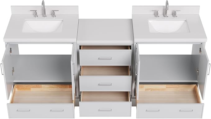 ARIEL Stafford 84-inch Bathroom Vanity with Sink,Solid Wood, 1.5in Pure White Quartz Countertop & Backsplash, Double Rectangular Porcelain Sink, 4 Soft Closing Doors, 5 Dovetail Drawers, Grey
