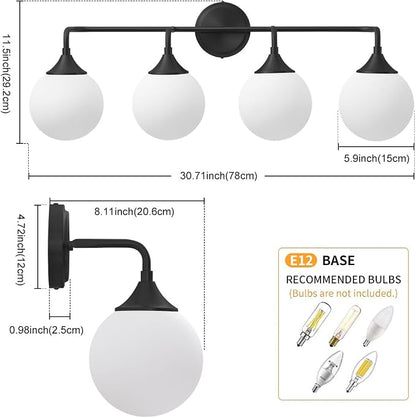 Black Bathroom Light Fixtures Over Mirror Vanity 4-Light | Mid Century Modern Matte Black Wall Sconce with Milky White Glass Ball Shades for for Bathroom Dressing Table Bedroom
