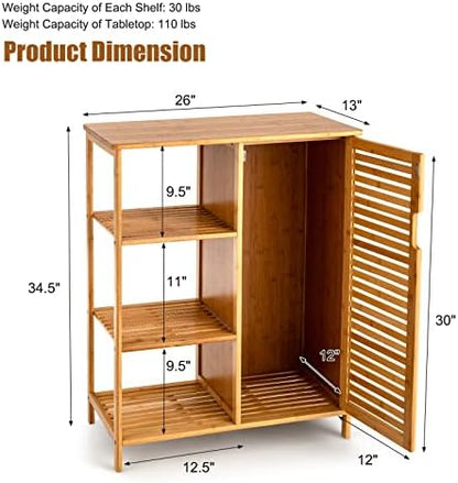 Tangkula Bamboo Bathroom Floor Cabinet, Storage Cabinet with Shutter Door and 3 Tier Shelves, Freestanding Bathroom Cabinet for Living Room Kitchen Hallway, Natural