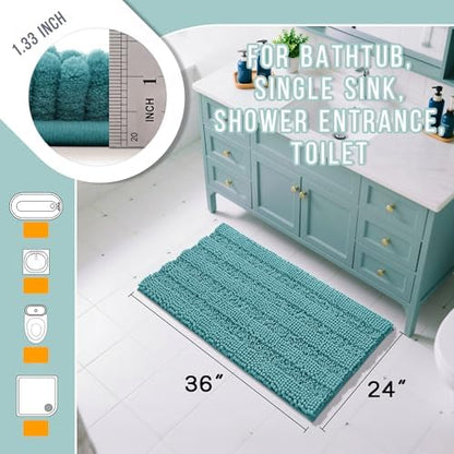 Yimobra Bathroom Rug Mat 36 x 24, Non Slip and Super Absorbent Bath Mat,Machine Washable Quick Dry,Ultra Plush Chenille Shower Rugs for Bathroom Floor Sink Tub and Shower Outside,Teal Blue