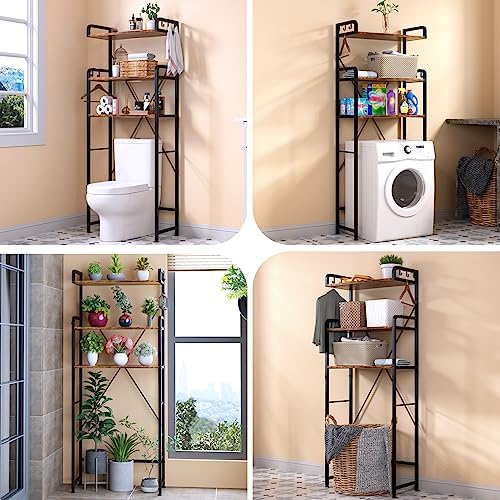Huhote Over The Toilet Storage Rack with 3-Tier Bathroom Shelves, Space Saver Toilet Shelf, Bathroom Storage Organizer with Hooks for Over Toilet Storage and Shelf (Rustic Brown)