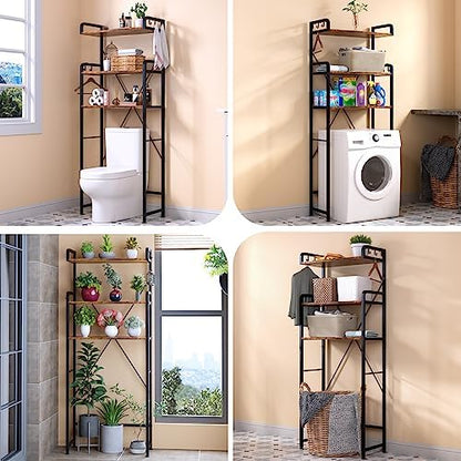 Huhote Over The Toilet Storage Rack with 3-Tier Bathroom Shelves, Space Saver Toilet Shelf, Bathroom Storage Organizer with Hooks for Over Toilet Storage and Shelf (Rustic Brown)
