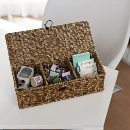 Waterproof Wicker Storage Basket with Lid and Dividers, Brown