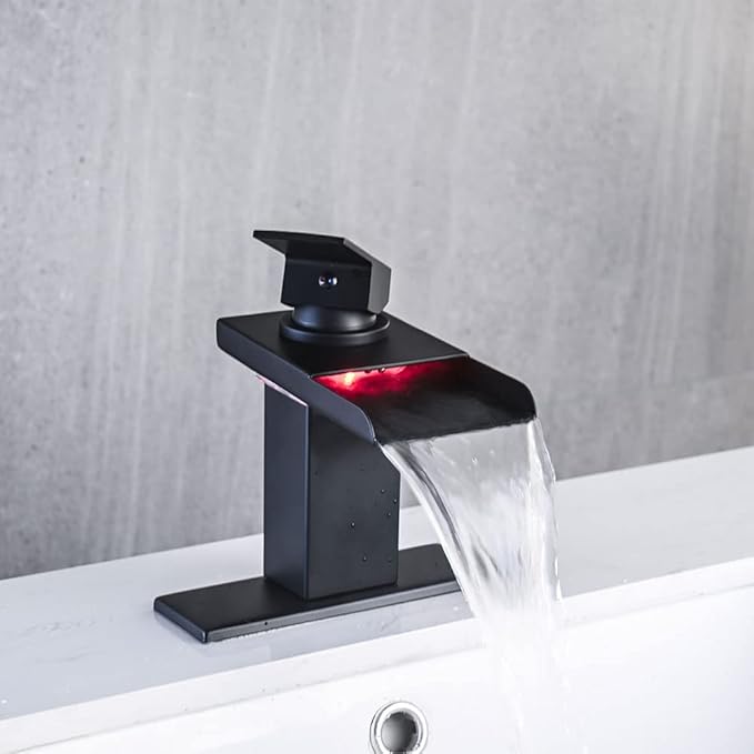 LED Bathroom Sink Faucet, Matte Black Waterfall Single Hole Handle Vanity Faucets for Sinks 1 Hole with Metal Pop Up Drain and 2 Water Supply Lines, Stainless Steel Spout