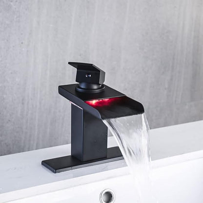 LED Bathroom Sink Faucet, Matte Black Waterfall Single Hole Handle Vanity Faucets for Sinks 1 Hole with Metal Pop Up Drain and 2 Water Supply Lines, Stainless Steel Spout