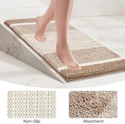 HOMEIDEAS Beige Bathroom Rugs Set of 2, Striped Chenille, 20"x32"+17"x24"
