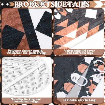 FuWeave 8 Pcs Aztec Shower Curtain Set, Southwestern Bathroom 12 Hooks