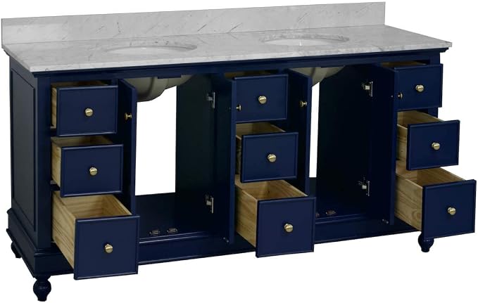 Bella 72-inch Double Bathroom Vanity (Carrara/Royal Blue): Includes Royal Blue Cabinet with Authentic Italian Carrara Marble Countertop and White Ceramic Sinks