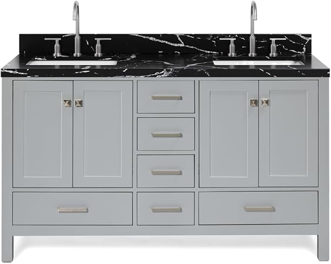 ARIEL Cambridge 60 Inch Double Rectangle Sink Bathroom Vanity with Nero Marquina Black Quartz Countertop 1.5 Inch in Grey