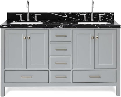 ARIEL Cambridge 60 Inch Double Rectangle Sink Bathroom Vanity with Nero Marquina Black Quartz Countertop 1.5 Inch in Grey