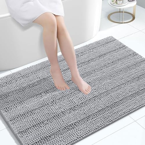 Grandaily Chenille Striped Bathroom Rugs 47x32, Extra Thick and Absorbent Bath Mats, Non-Slip Soft Plush Shaggy Shower Carpet, Machine Wash Dry, Bath Rug for Bathroom, Light Grey
