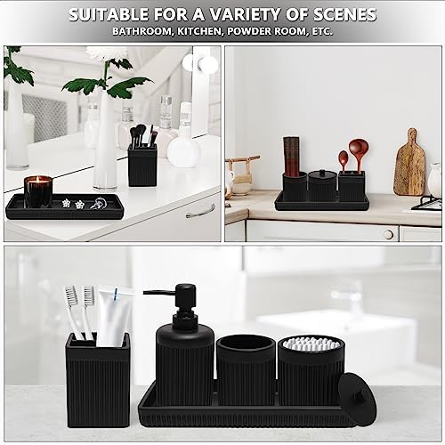 XLHOMO Resin Matte Black Bathroom Accessories Set 5 Pcs, Lotion Soap Dispenser, Toothbrush Holder, Bathroom Tumbler, Qtip Holder and Vanity Tray, Bathroom Countertop Organizer Set for Home Apartment