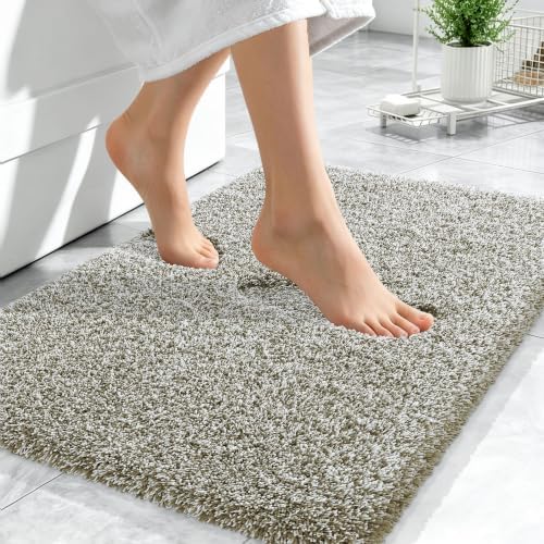 OLANLY Microfiber Bathroom Rugs 24x16, Quick Dry Mat, Moss Green and White