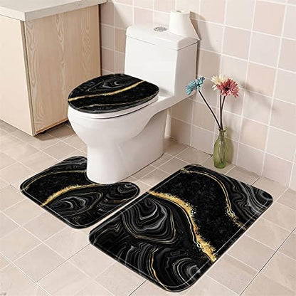 Nkzply 4 Pcs Black Marble Shower Curtain Sets with Rugs Gold Bathroom Set