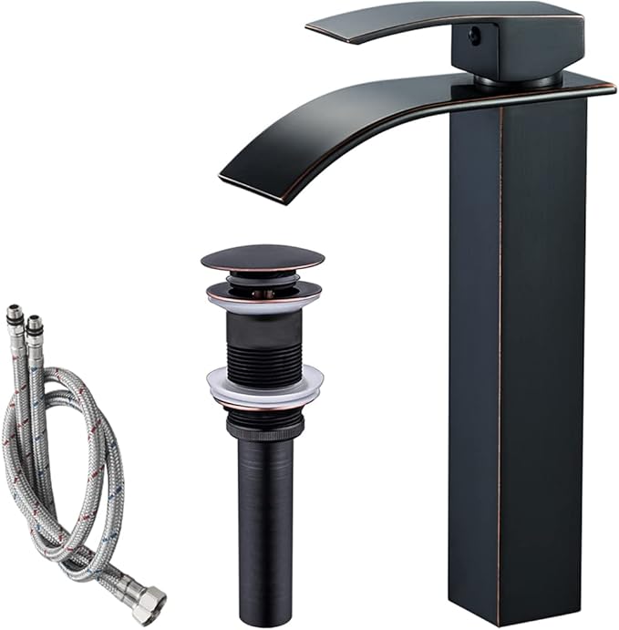 Black bathroom faucet set with hose on a white background
