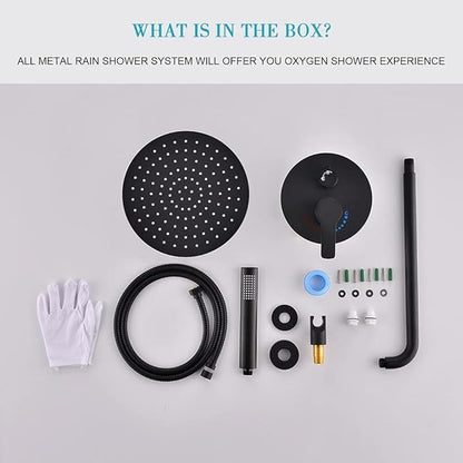TIPOK Matte Black Shower System with 8 Inch Round Shower Head and Handheld, Rainfall Shower Faucets Sets Complete, Black Shower Head System Wall Mounted Matte Black Shower Set for Bathroom