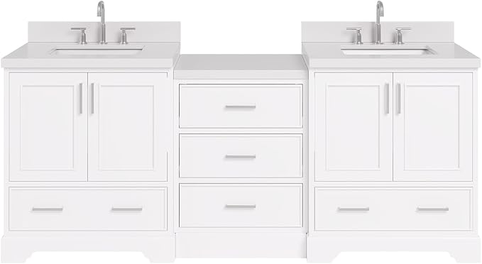 ARIEL Stafford 84-inch Bathroom Vanity with Sink,Solid Wood, 1.5in Pure White Quartz Countertop & Backsplash, Double Rectangular Porcelain Sink, 4 Soft Closing Doors, 5 Dovetail Drawers, White