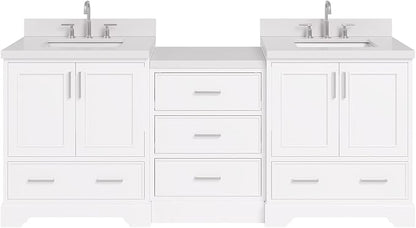 ARIEL Stafford 84-inch Bathroom Vanity with Sink,Solid Wood, 1.5in Pure White Quartz Countertop & Backsplash, Double Rectangular Porcelain Sink, 4 Soft Closing Doors, 5 Dovetail Drawers, White