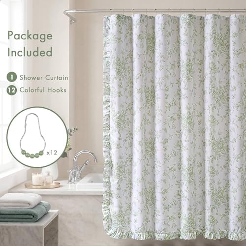 Madison Park Adele Floral Ruffle Shower Curtain Set, Sage Green, 72x84