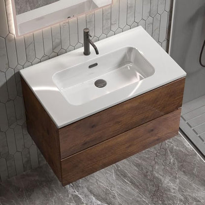 30" Bathroom Vanity with Sink, Modern Floating Vanity with Double Soft Closing Drawers, Large Storage for Small Space, Walnut, Fully Assembled - Iris Collection