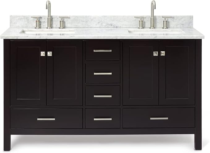 ARIEL Cambridge 60-inch Bathroom Vanity with Sink,Solid Wood, 0.75-inch Italian Carrara Marble Countertop, Double Rectangular Porcelain Sink, 4 Soft Closing Doors, 6 Dovetail Drawers, Espresso