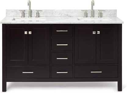 ARIEL Cambridge 60-inch Bathroom Vanity with Sink,Solid Wood, 0.75-inch Italian Carrara Marble Countertop, Double Rectangular Porcelain Sink, 4 Soft Closing Doors, 6 Dovetail Drawers, Espresso