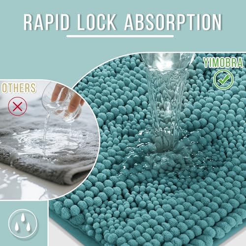 Yimobra Bathroom Rug Mat 47 x 24, Non Slip and Super Absorbent Bath Mat,Machine Washable Quick Dry,Ultra Plush Chenille Shower Rugs for Bathroom Floor Sink Tub and Shower Outside,Teal Blue