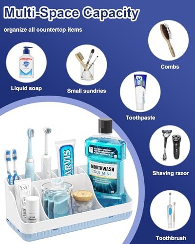 Bathroom Counter Organizer and Storage, 7 Slots Detachable Toothbrush Holders for Bathrooms, Anti-Slip Electric Toothbrush and Toothpaste Holder Countertop Vanity Organizer Accessories for Adults Kids