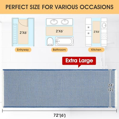 Extra Large Waffle Bath Mat Blue & Cream 6'x2', Boho Woven Modern Bath Mat Rugs, Absorbent Non Slip Bathroom Rugs, Soft Washable Bath Rugs with Tassels for Bathroom, Bedroom, Kitchen, Shower, Tub