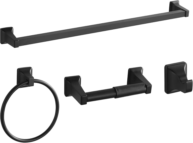 4 Pieces Bathroom Hardware Accessories Set, Stainless Steel 24 inch Towel Bar, Towel Rack, Robe Hook, Toilet Paper Holder for Bathroom Wall Mounted (Matte Black)