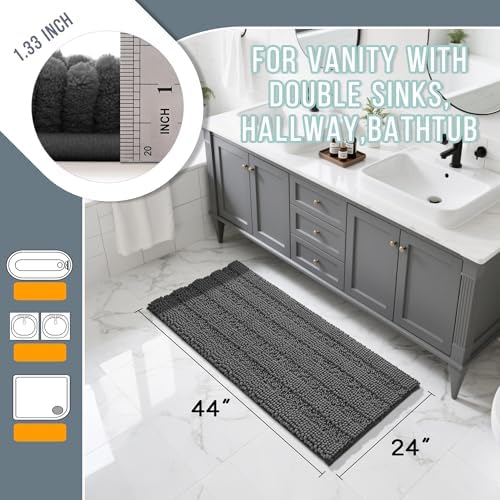 Yimobra Bathroom Rug Mat 44 x 24, Non Slip and Super Absorbent Bath Mat,Machine Washable Quick Dry,Ultra Plush Chenille Shower Rugs for Bathroom Floor Sink Tub and Shower Outside,Dark Gray