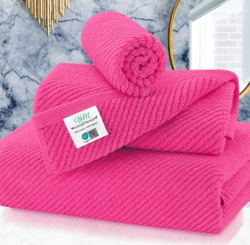 VOOVA & MOVAS 3PC Towel Set, 100% Cotton, Hot Pink