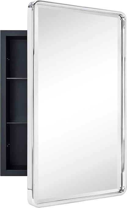 TEHOME Farmhouse Chrome Metal Framed Recessed Bathroom Medicine Cabinet with Mirror Rounded Rectangle Medicine Cabinet with Beveled Mirror, 16x24''