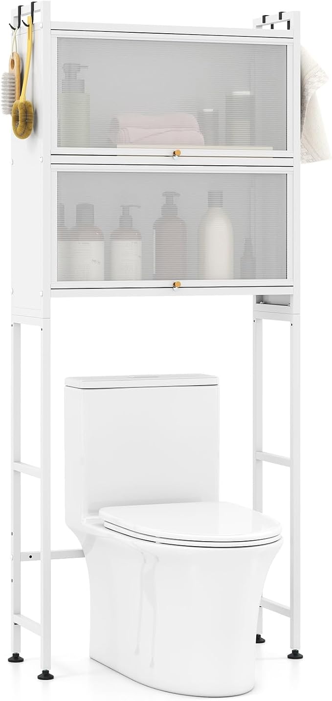 BECOMFORT Over The Toilet Storage Cabinet, Above Toilet Bathroom Shelf with Flip-up PC Doors, Metal Stand & 4 Hooks, Freestanding Space Saver, Over Toilet Bathroom Organizer for Laundry Room (White)