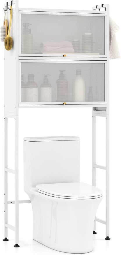 BECOMFORT Over The Toilet Storage Cabinet, Above Toilet Bathroom Shelf with Flip-up PC Doors, Metal Stand & 4 Hooks, Freestanding Space Saver, Over Toilet Bathroom Organizer for Laundry Room (White)
