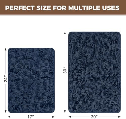 Bcoimo Bath Rug Mat Sets, 2 Piece High Absorbent Chenille Bathroom Mat Navy