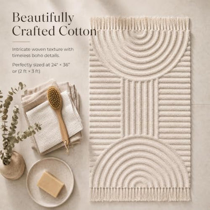 KIBAGA Beautiful Boho Rug with Tassels for Bathroom - Soft 2x3 ft Cotton