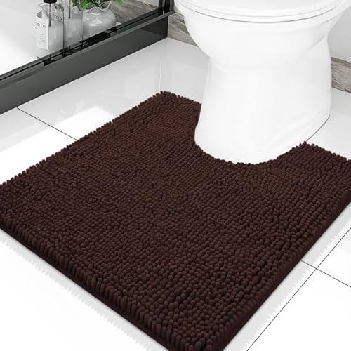 Smiry Luxury Chenille Toilet Rugs U-Shaped 20x20, Soft Absorbent Non-Slip Contour Bathroom Rugs for Toilet, Machine Washable Contoured Bath Mats, Brown